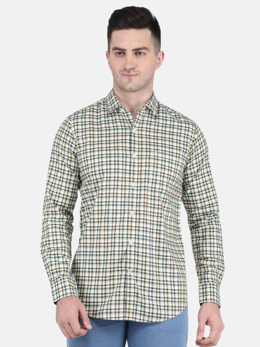 

Monte Carlo Men Green Checked Cotton Casual Shirt