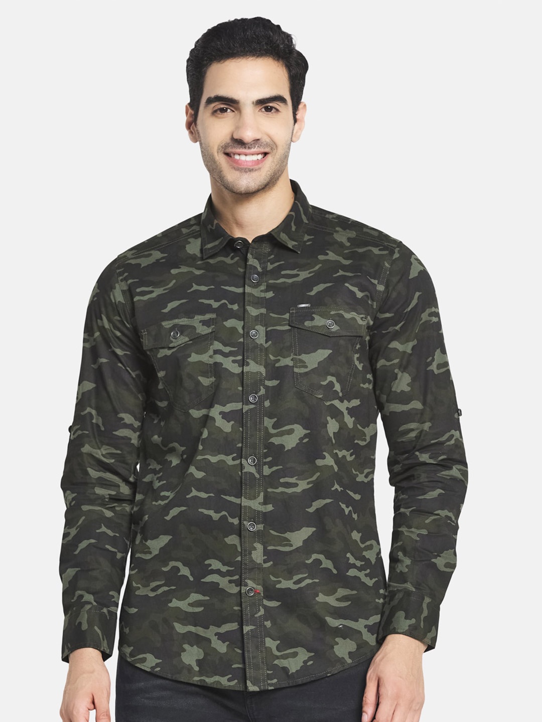 

Monte Carlo Men Olive Green Printed Cotton Casual Shirt