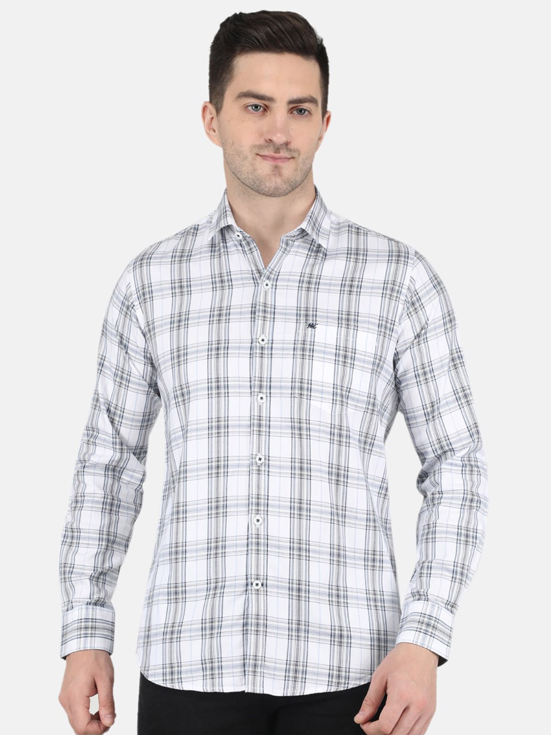 

Monte Carlo Men White Tartan Checked Casual Cotton Shirt