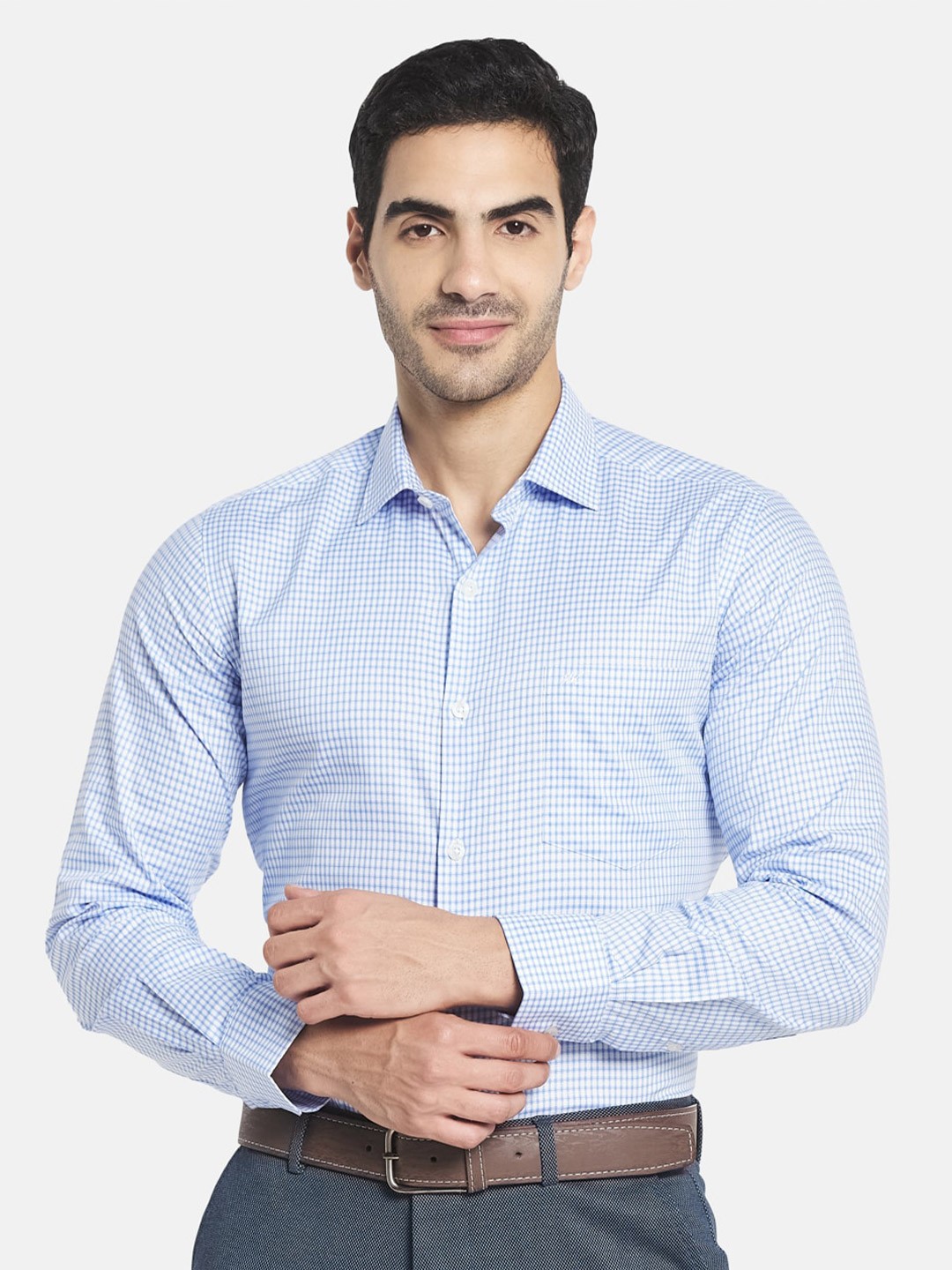 

Monte Carlo Men Blue Micro Checked Casual Cotton Shirt