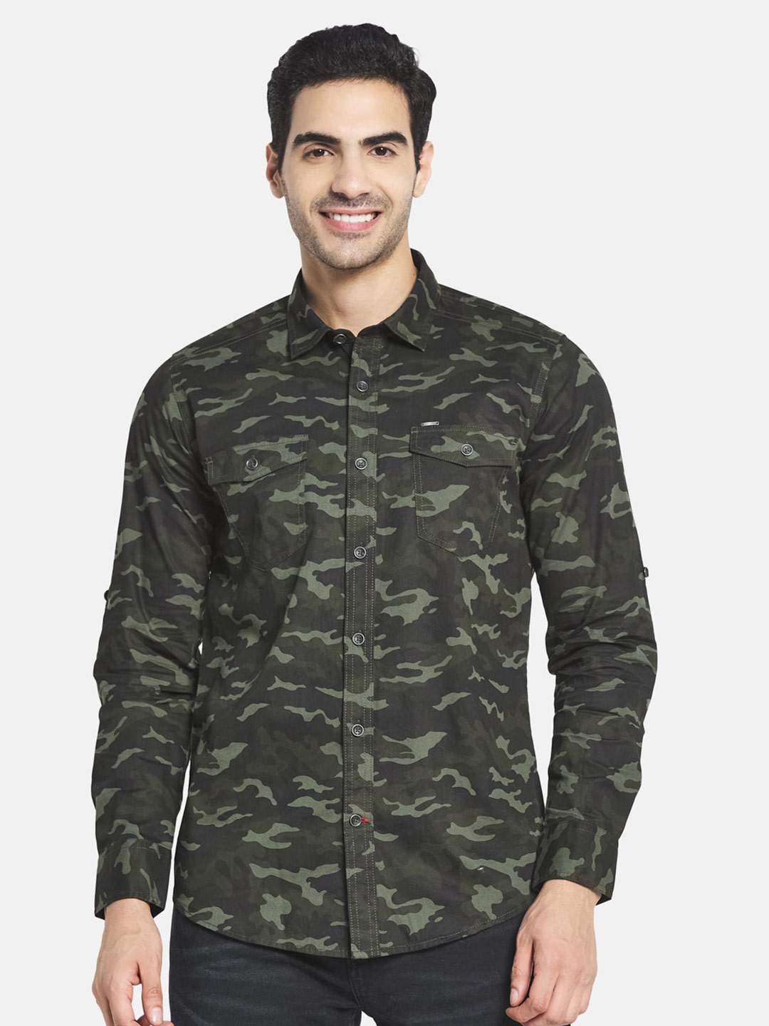 

Monte Carlo Men Olive Green Printed Casual Cotton Shirt
