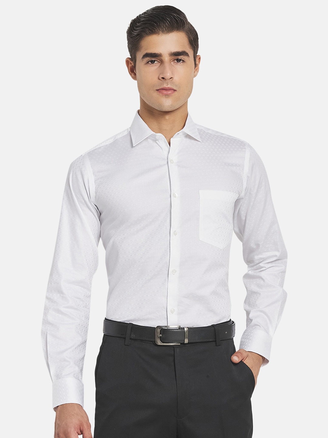 

Monte Carlo Self Design Textured Cotton Shirt, White
