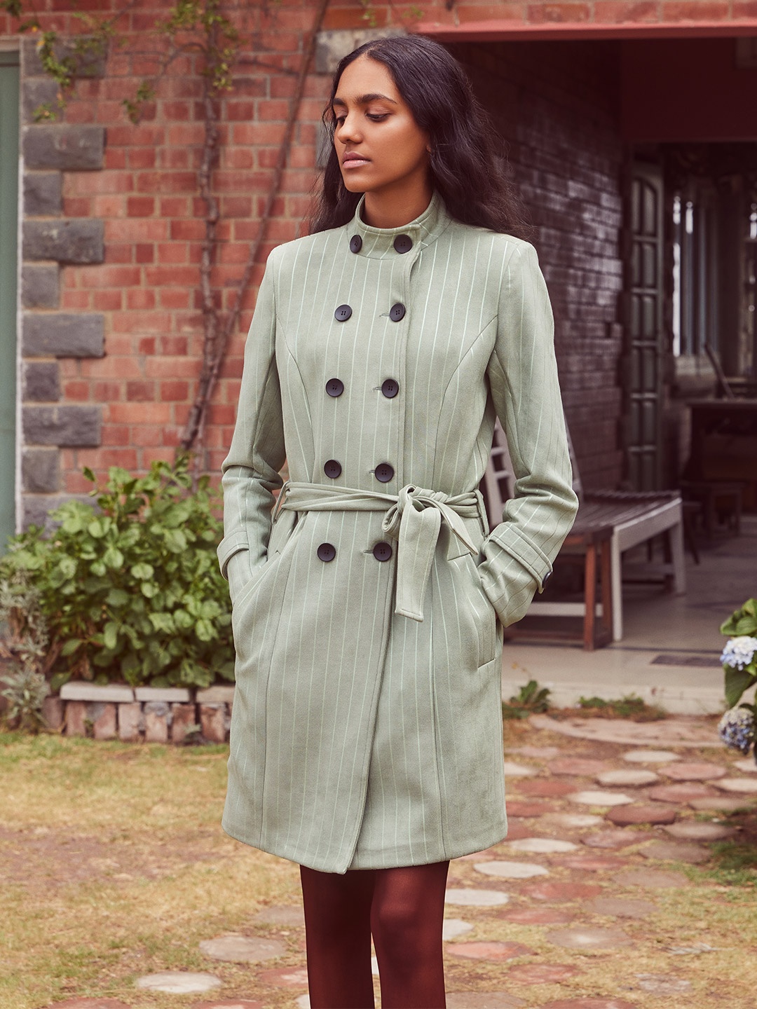 

Crimsoune Club Women Green Striped Double-Breasted Trench Coat