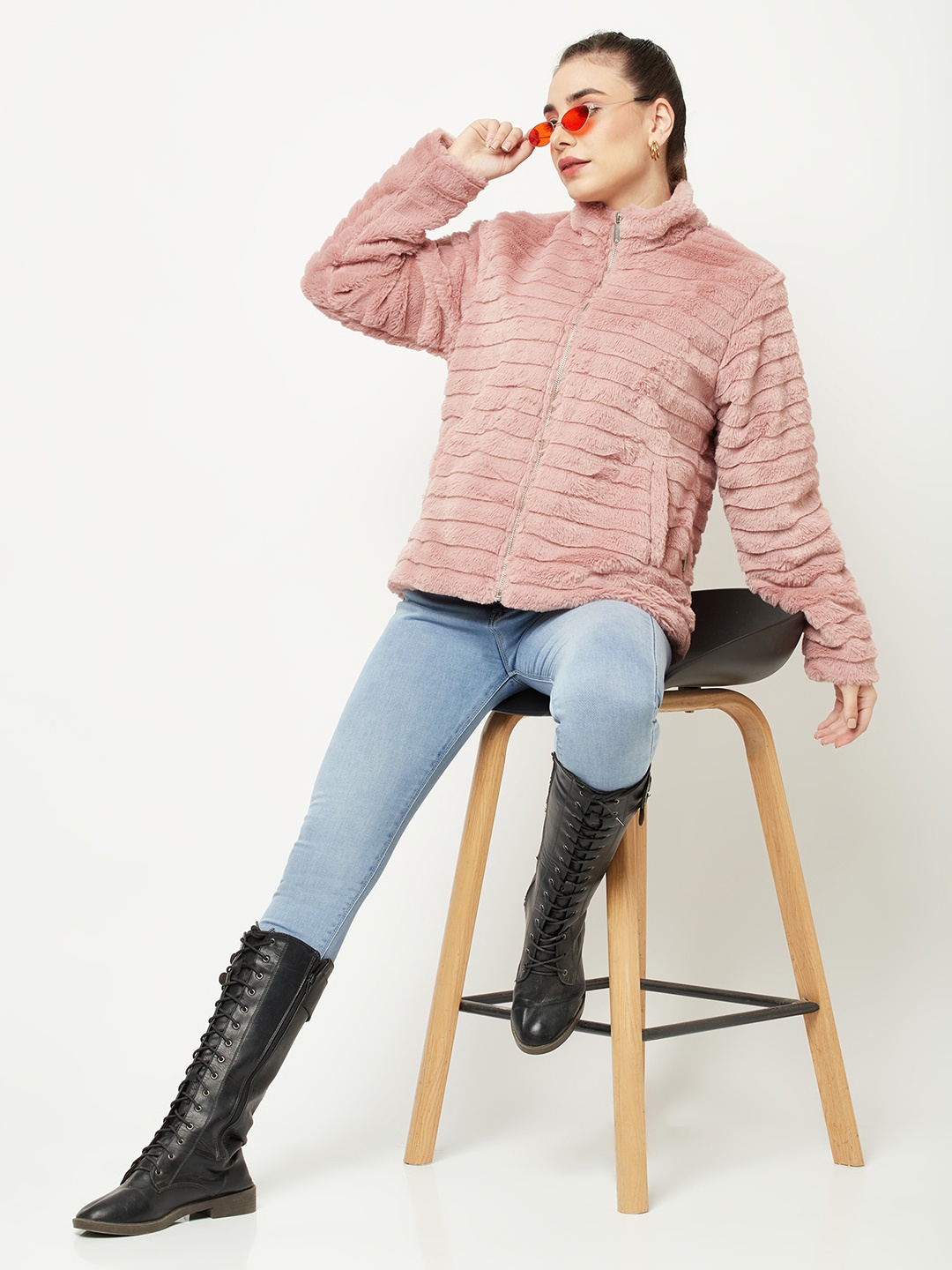Crimsoune Club Women Pink Self Design Bomber Jacket