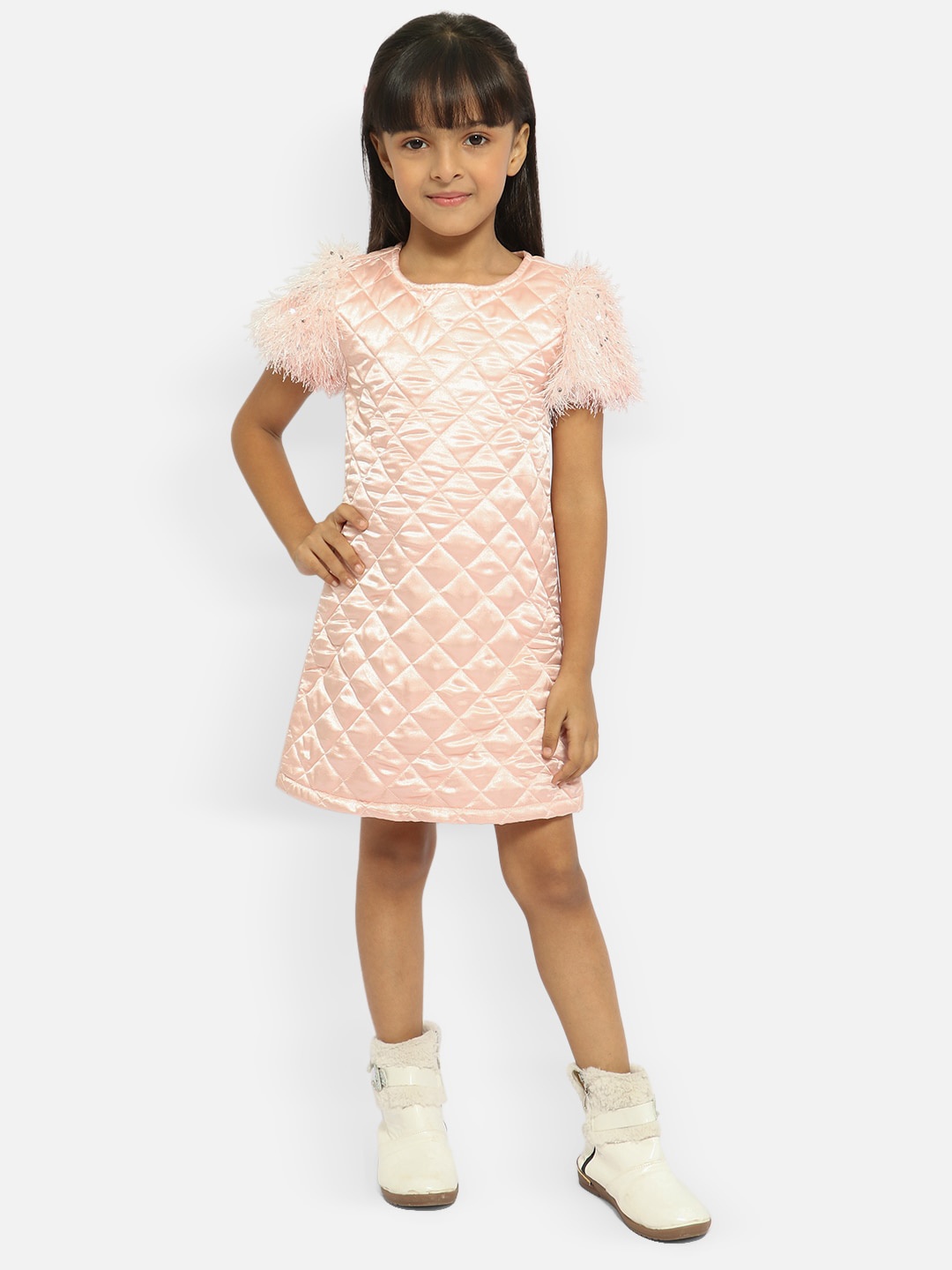 

Nauti Nati Girls Self Design A-Line Dress, Peach