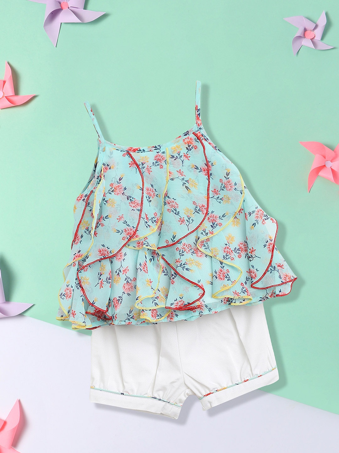 

Nauti Nati Girls Turquoise Blue & White Printed Top with Shorts