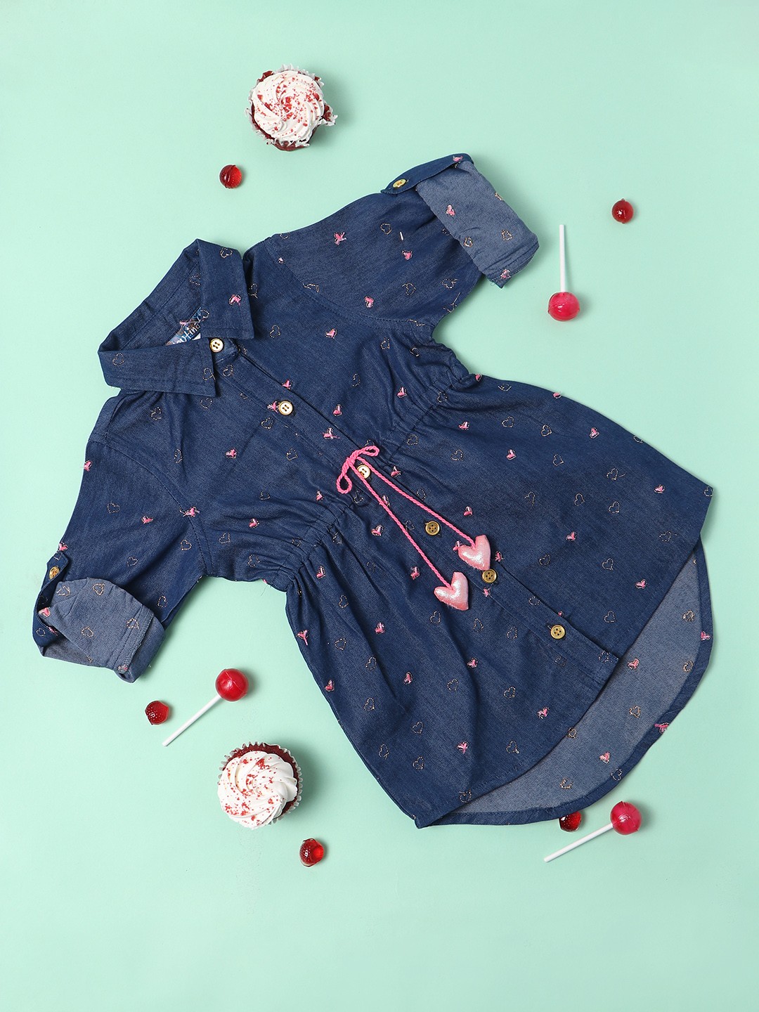 

Nauti Nati Navy Blue Self Design Pure Cotton Shirt Dress