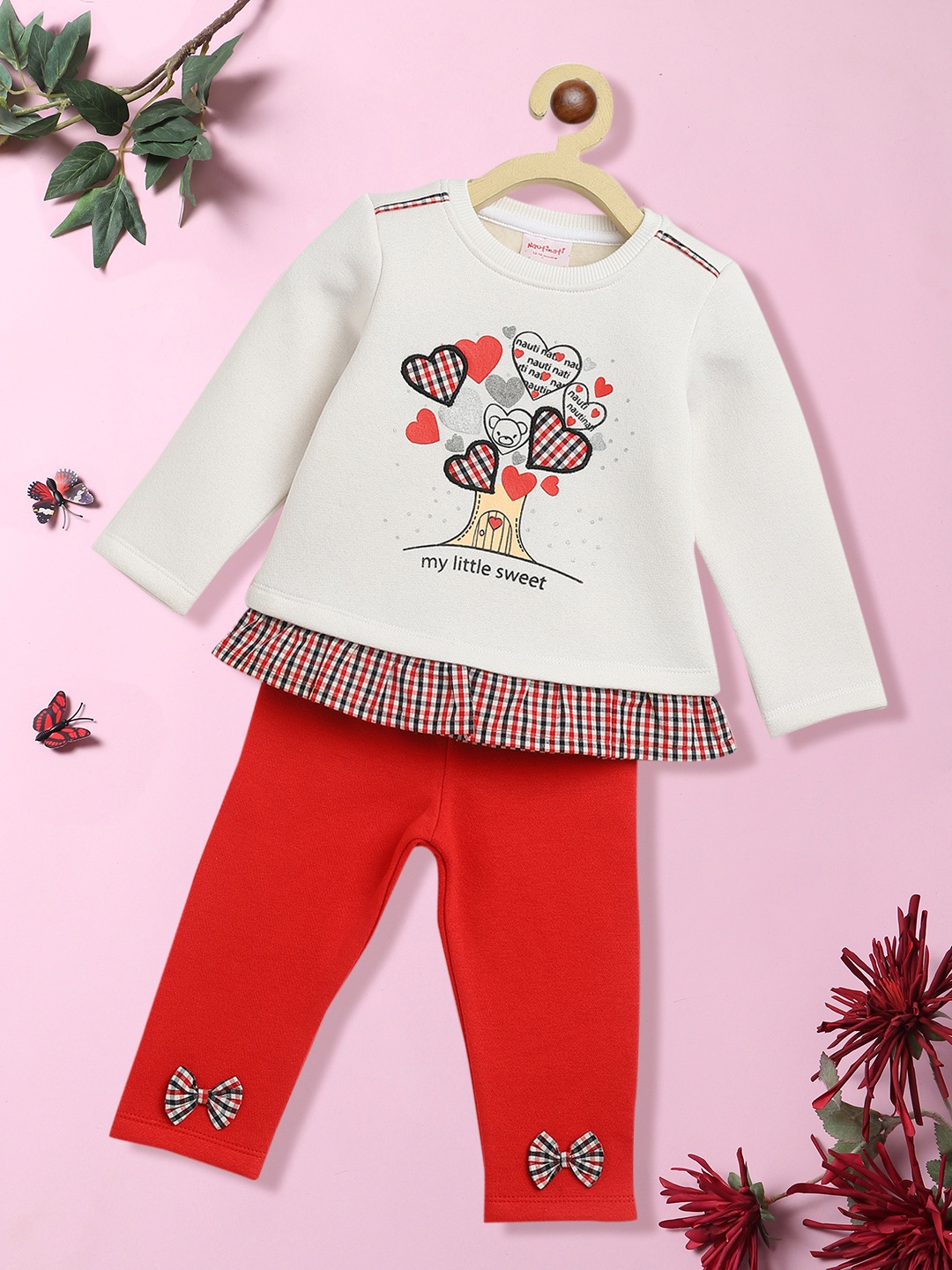 

Nauti Nati Girls Off White & Red Printed Sweatshirt with Trouser Set