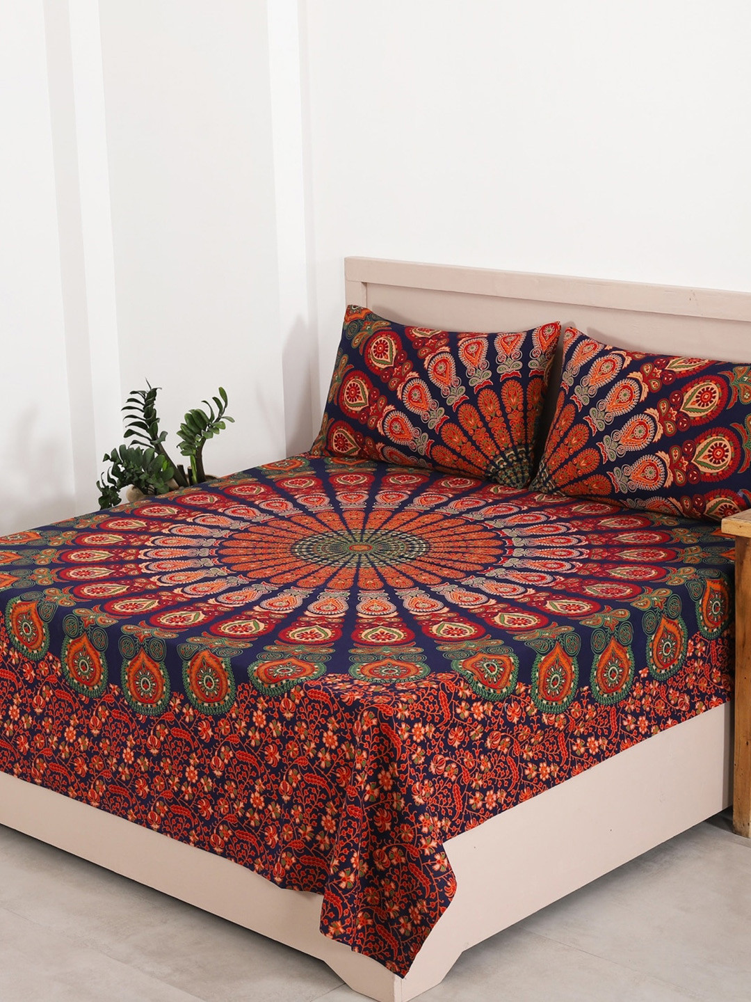 

HANDICRAFT PALACE Blue & Orange Printed 144 TC Cotton Queen Bedsheet with 2 Pillow Covers