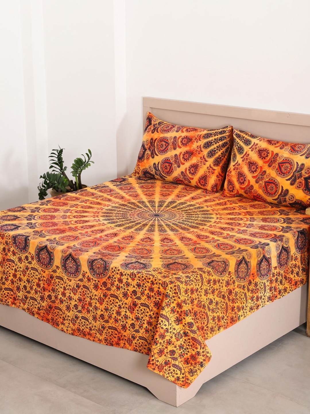 

HANDICRAFT PALACE Orange & Blue Printed 144 TC Cotton Queen Bedsheet with 2 Pillow Covers