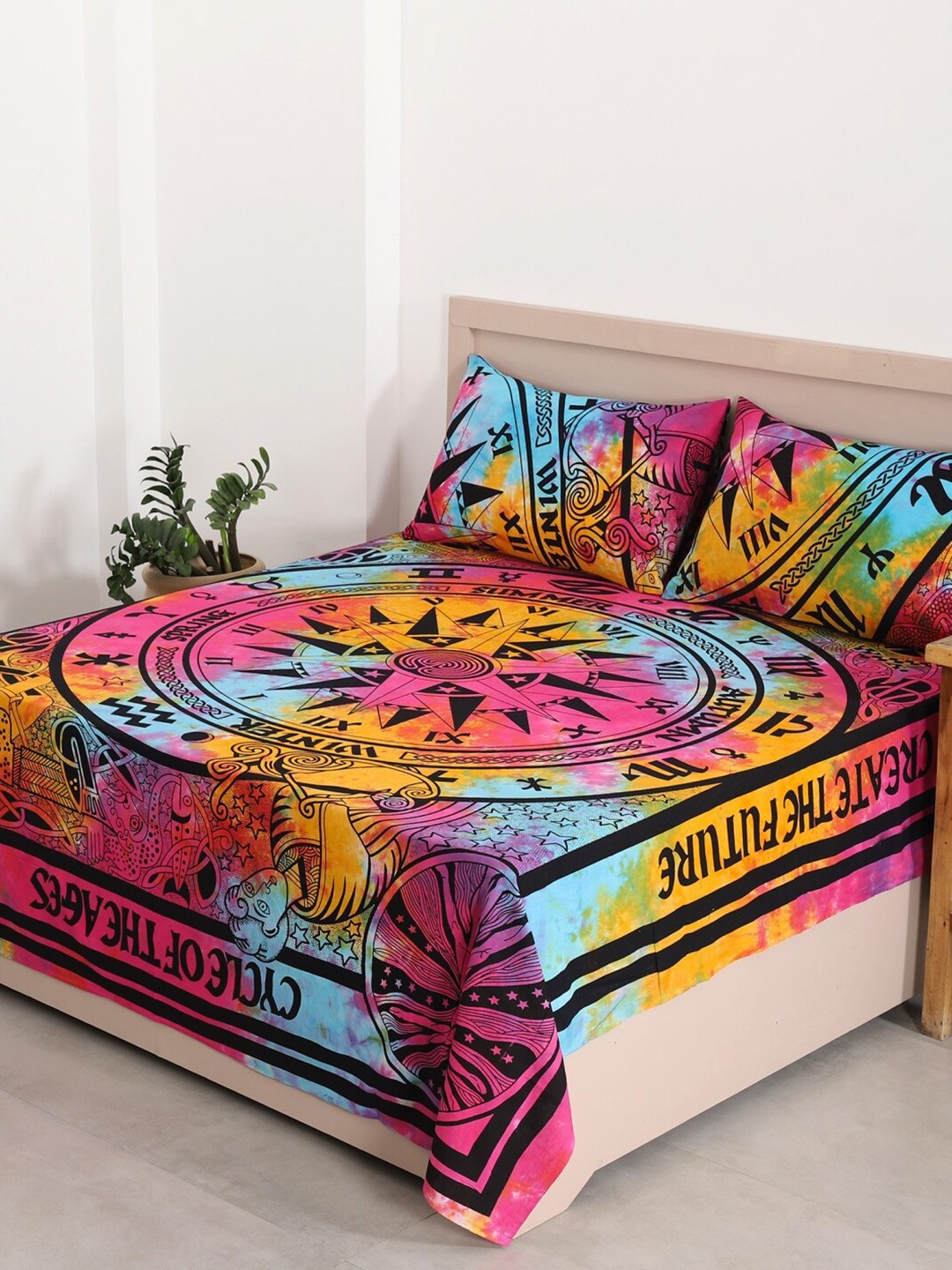 

HANDICRAFT PALACE Pink & Yellow Printed 144 TC Cotton Queen Bedsheet with 2 Pillow Covers