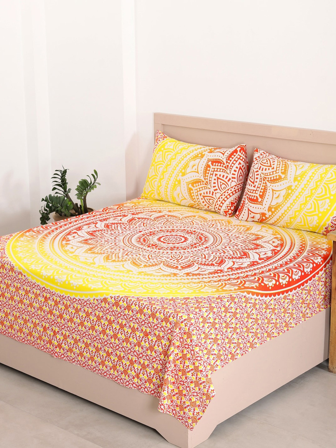 

HANDICRAFT PALACE Red & Yellow Printed 144 TC Cotton Queen Bedsheet with 2 Pillow Covers