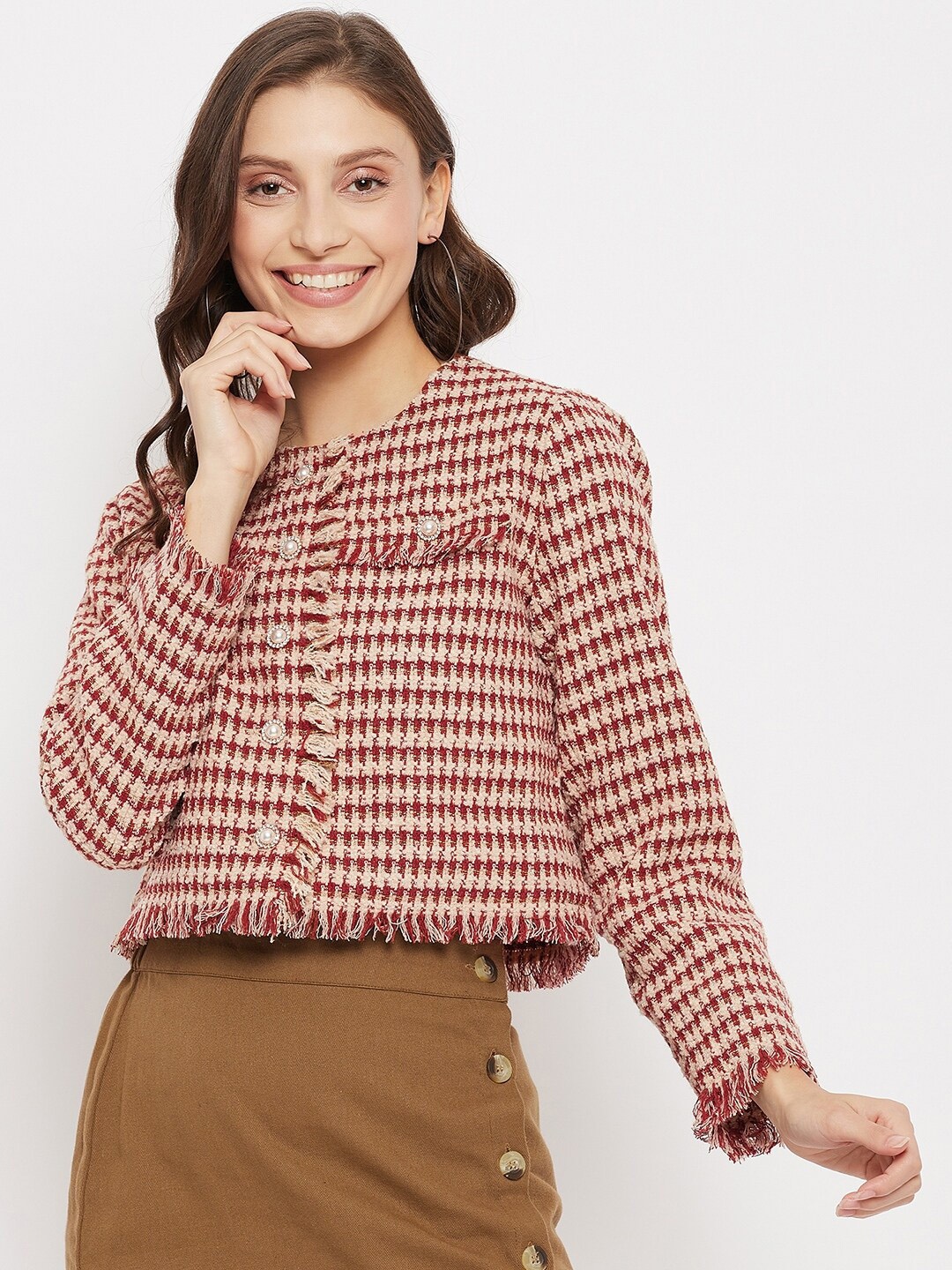 

Madame Women Maroon & White Textured Regular fit Single Breasted Casual Blazers