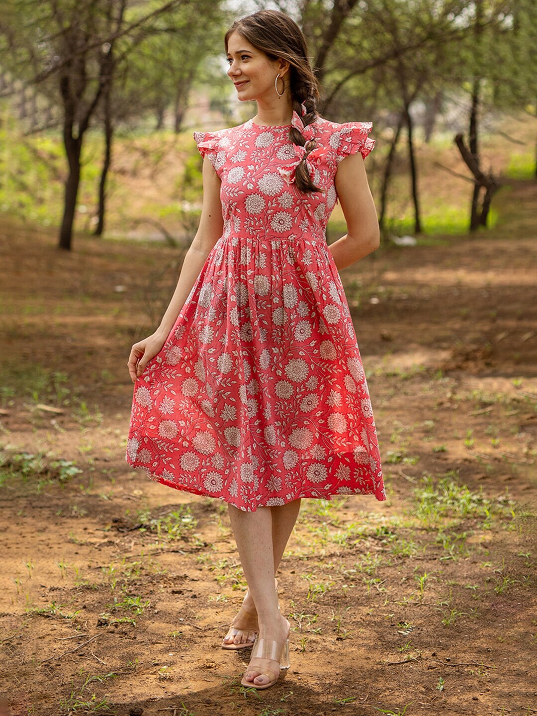 

Twilldor Peach Floral Printed Fit & Flare Cotton Dress