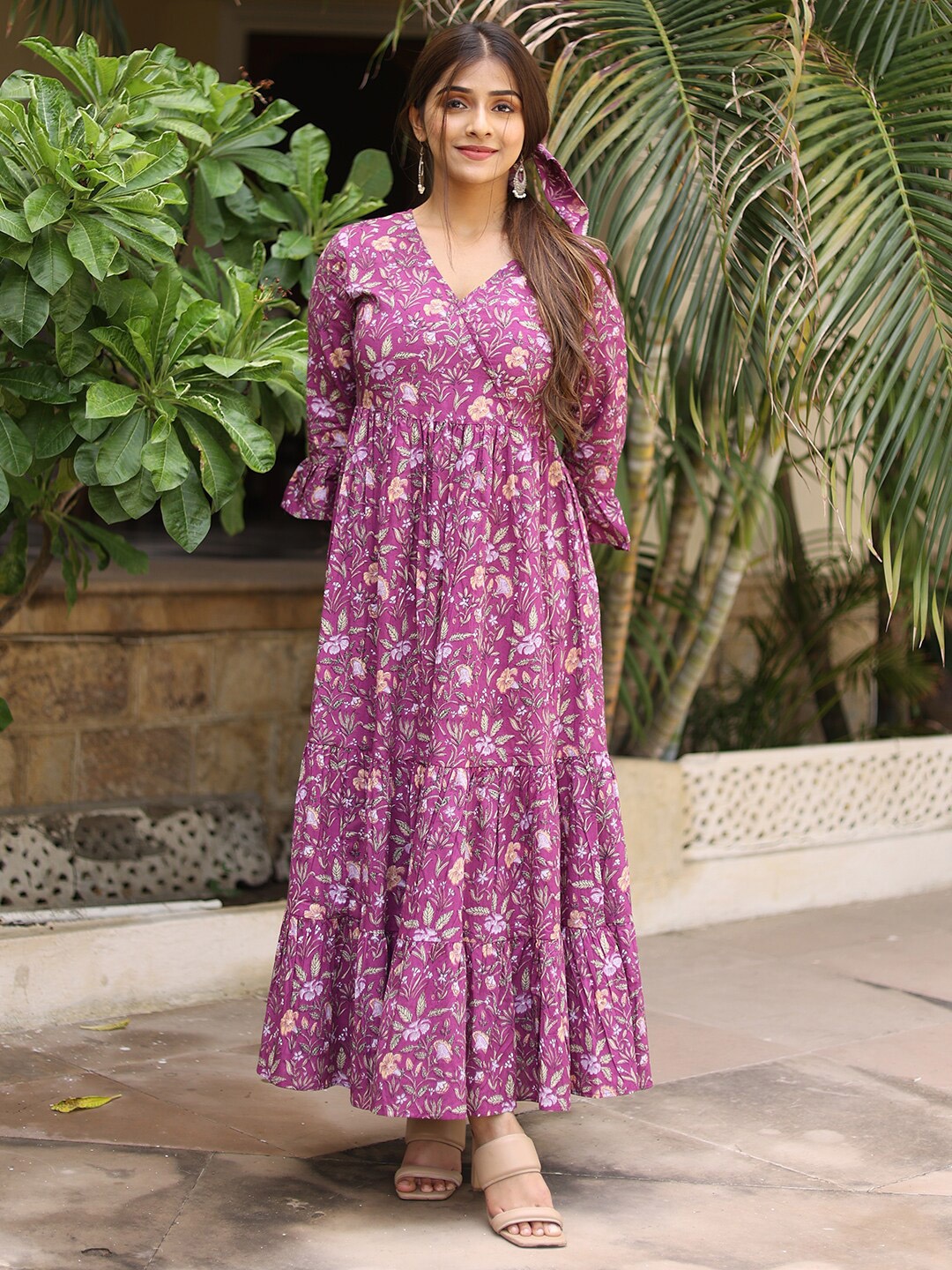 

GULAB CHAND TRENDS Floral Printed Cotton Maxi Ethnic Dresses, Purple