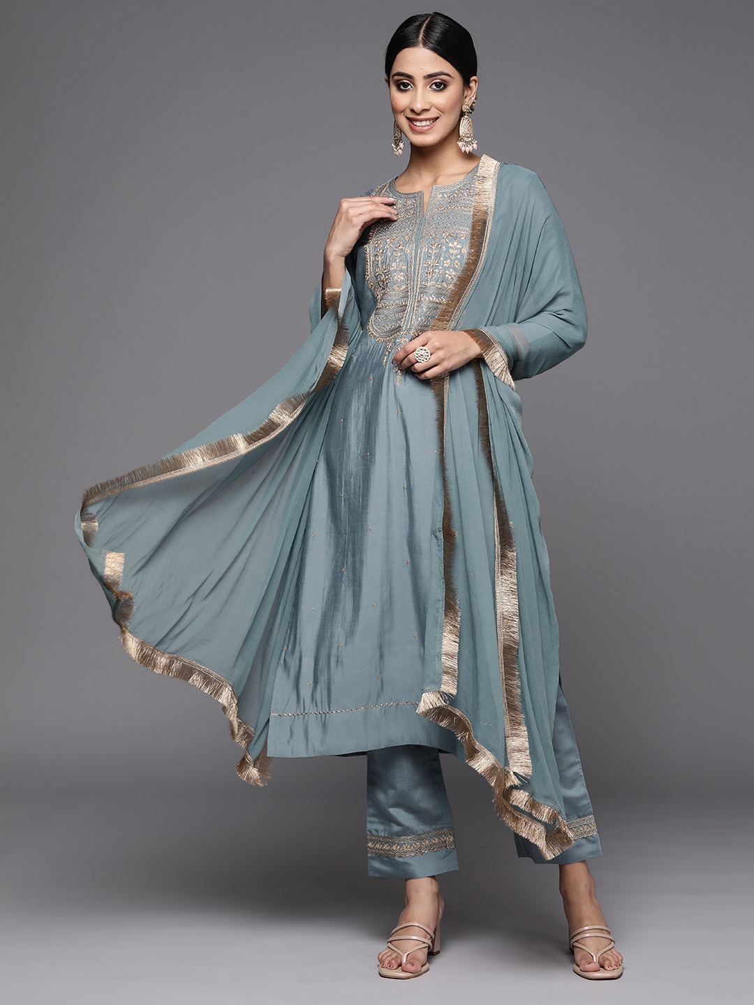 

Varanga Women Grey Ethnic Motifs Gotta Patti Kurta with Trousers & With Dupatta