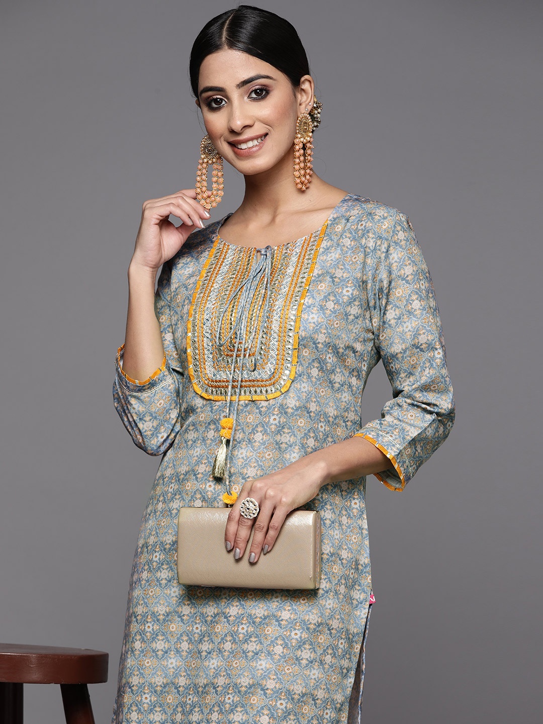 

Varanga Women Grey & Mustard Yellow Ethnic Motifs Printed Thread Work Kurta