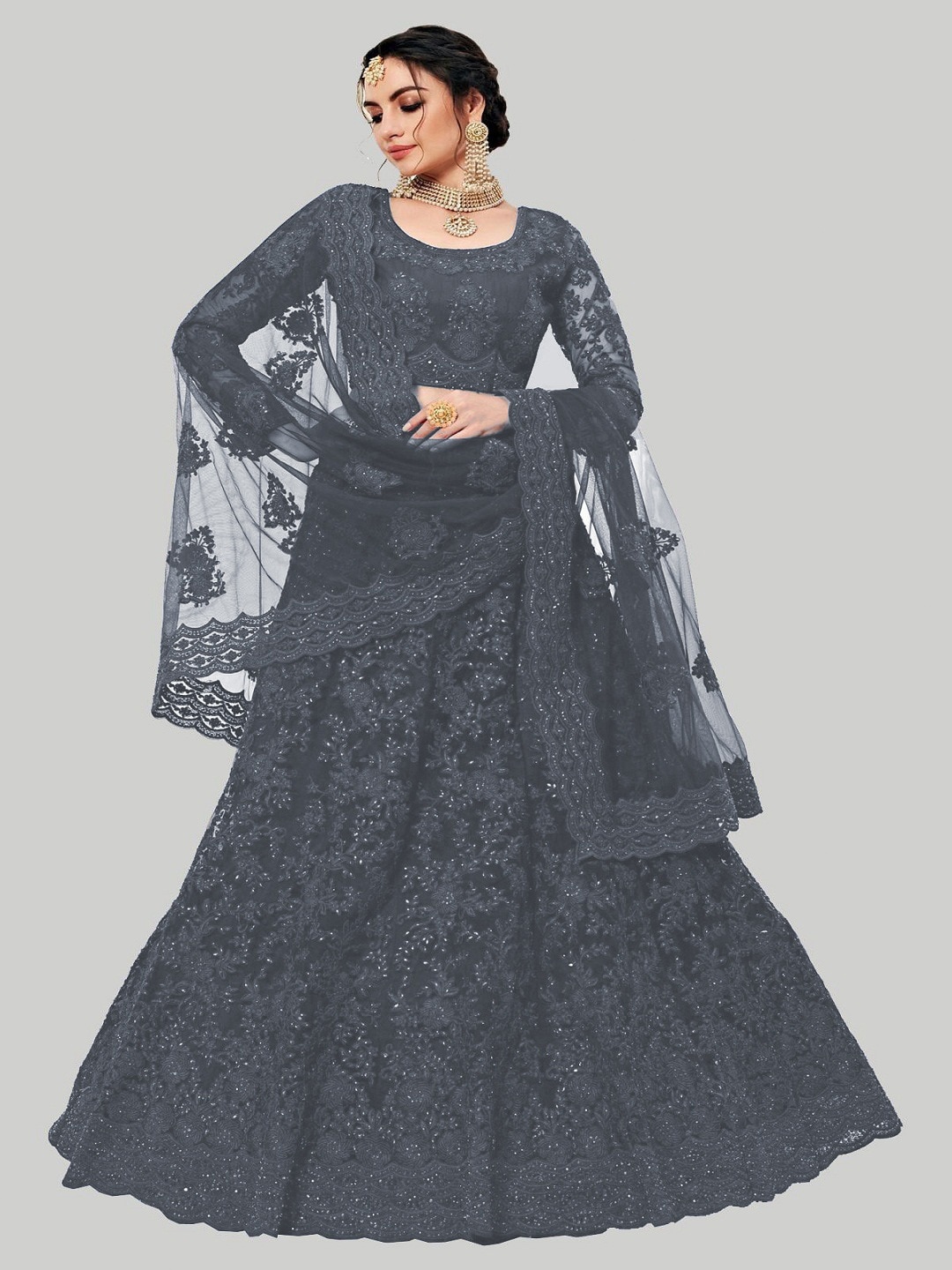 

GOROLY Grey Embroidered Thread Work Semi-Stitched Lehenga & Unstitched Blouse With Dupatta