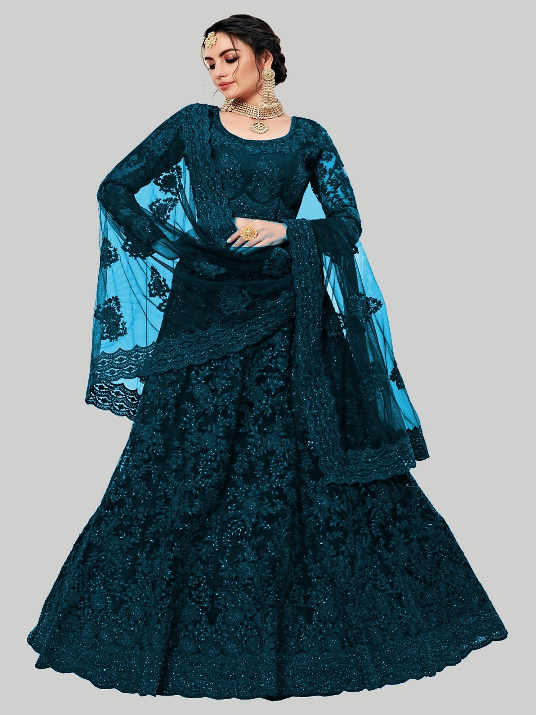 

GOROLY Navy Blue Embroidered Thread Work Semi-Stitched Lehenga & Unstitched Blouse With Dupatta