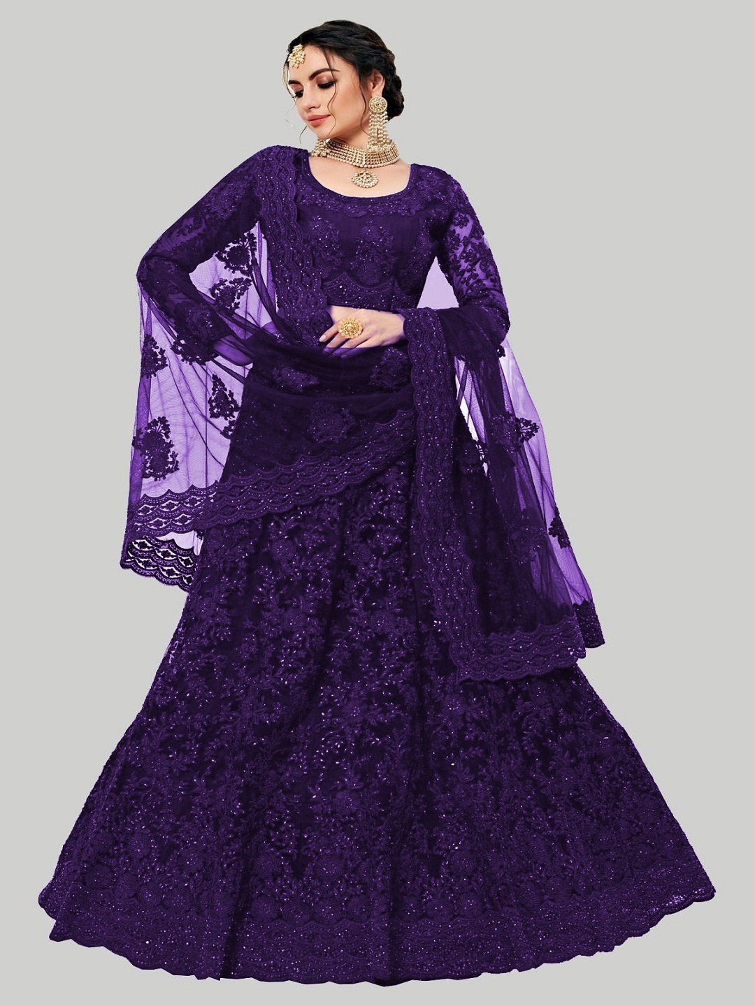 

GOROLY Purple Embroidered Thread Work Semi-Stitched Lehenga & Unstitched Blouse With Dupatta