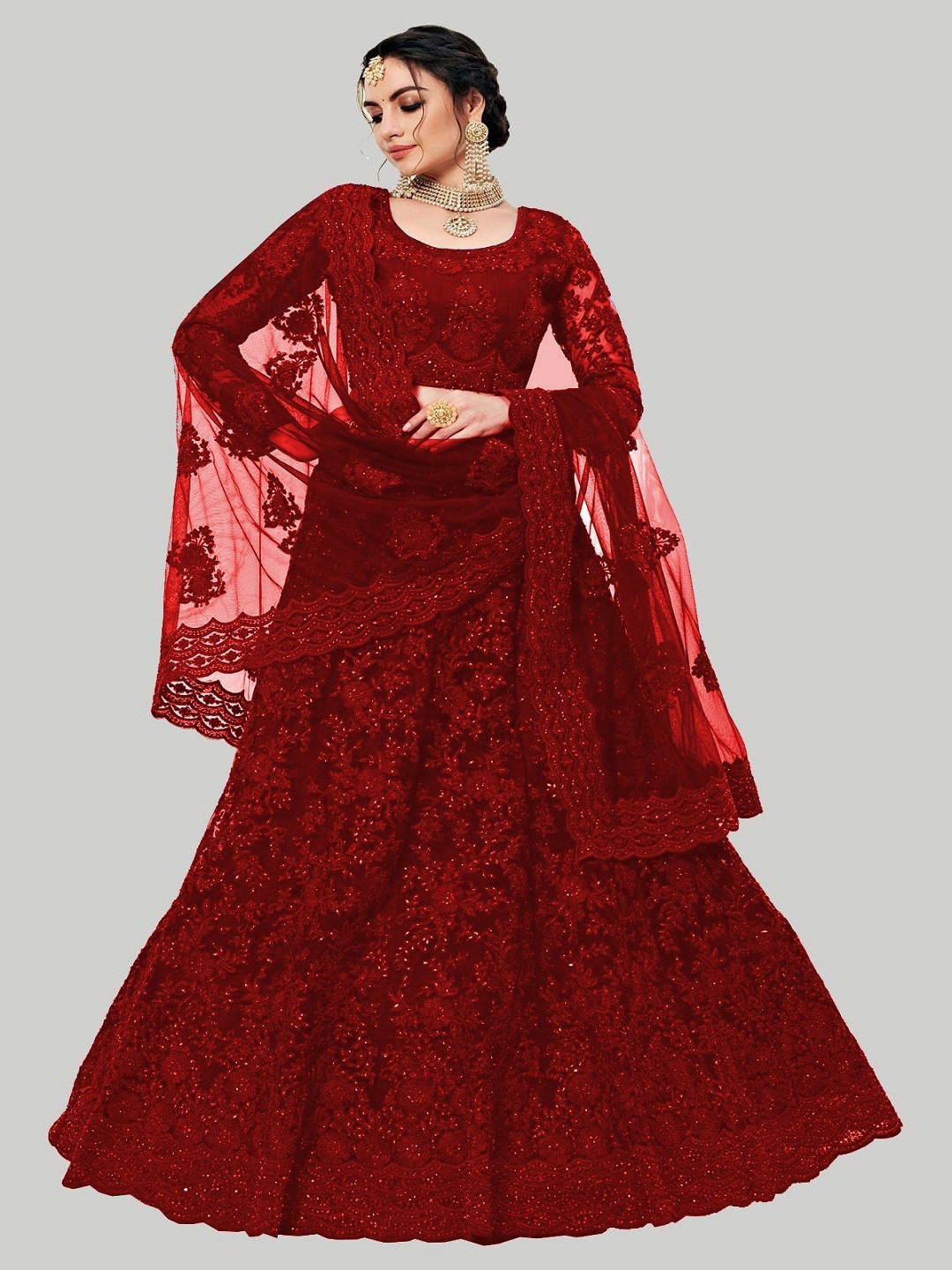 

GOROLY Red Embroidered Thread Work Semi-Stitched Lehenga & Unstitched Blouse With Dupatta