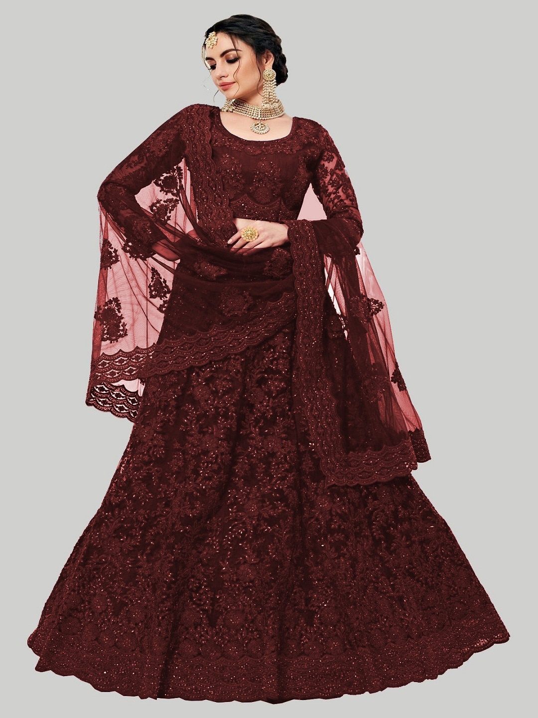 

GOROLY Maroon Embroidered Thread Work Semi-Stitched Lehenga & Unstitched Blouse With Dupatta