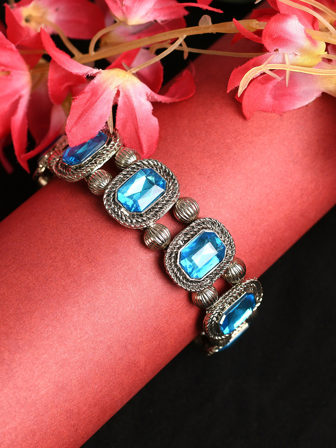 

QTO Women Oxidised Silver-Plated Sea Green & Turquoise Blue Cuff Bracelet
