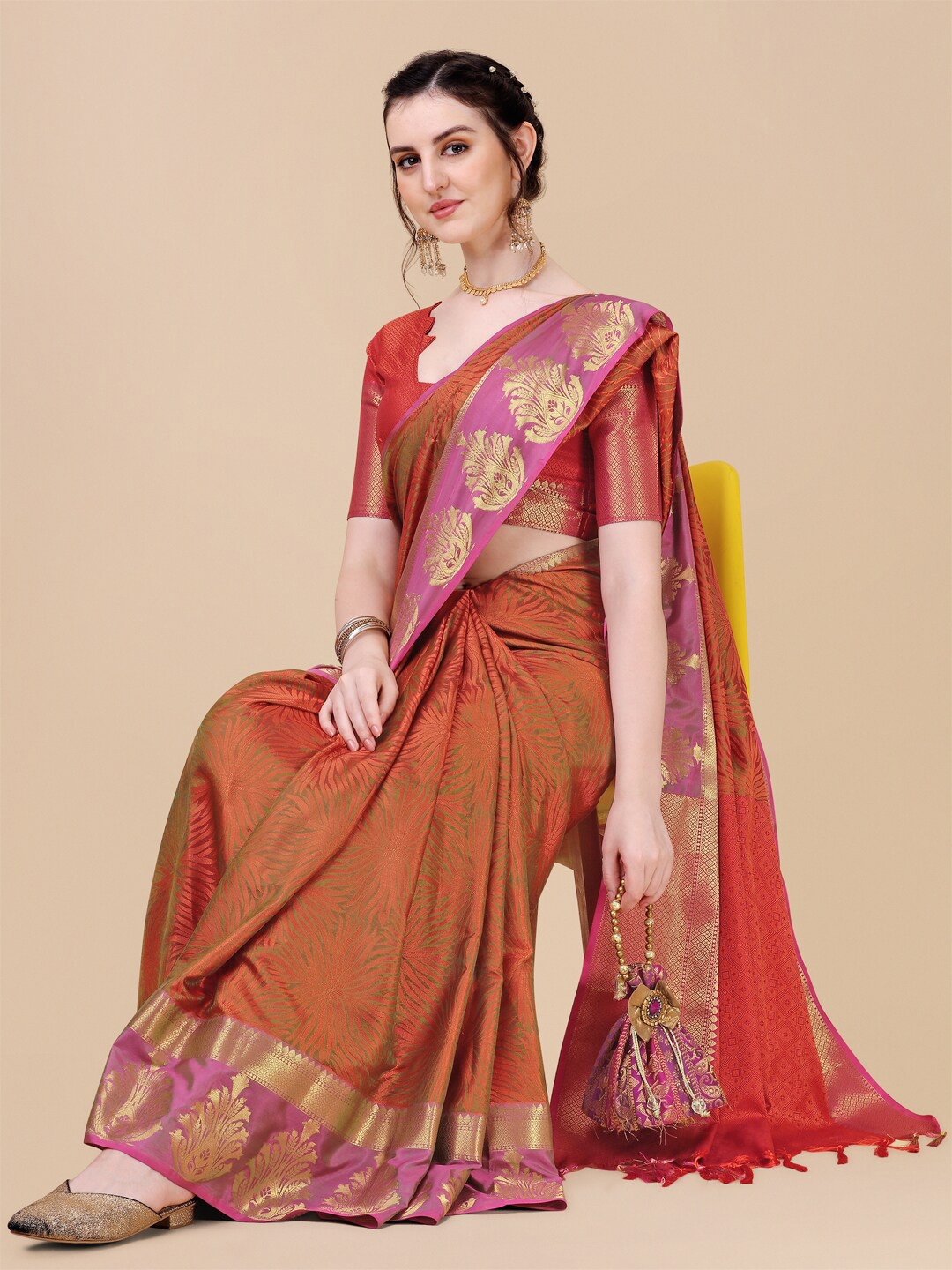 

Sangria Green & Orange Floral Zari Banarasi Saree