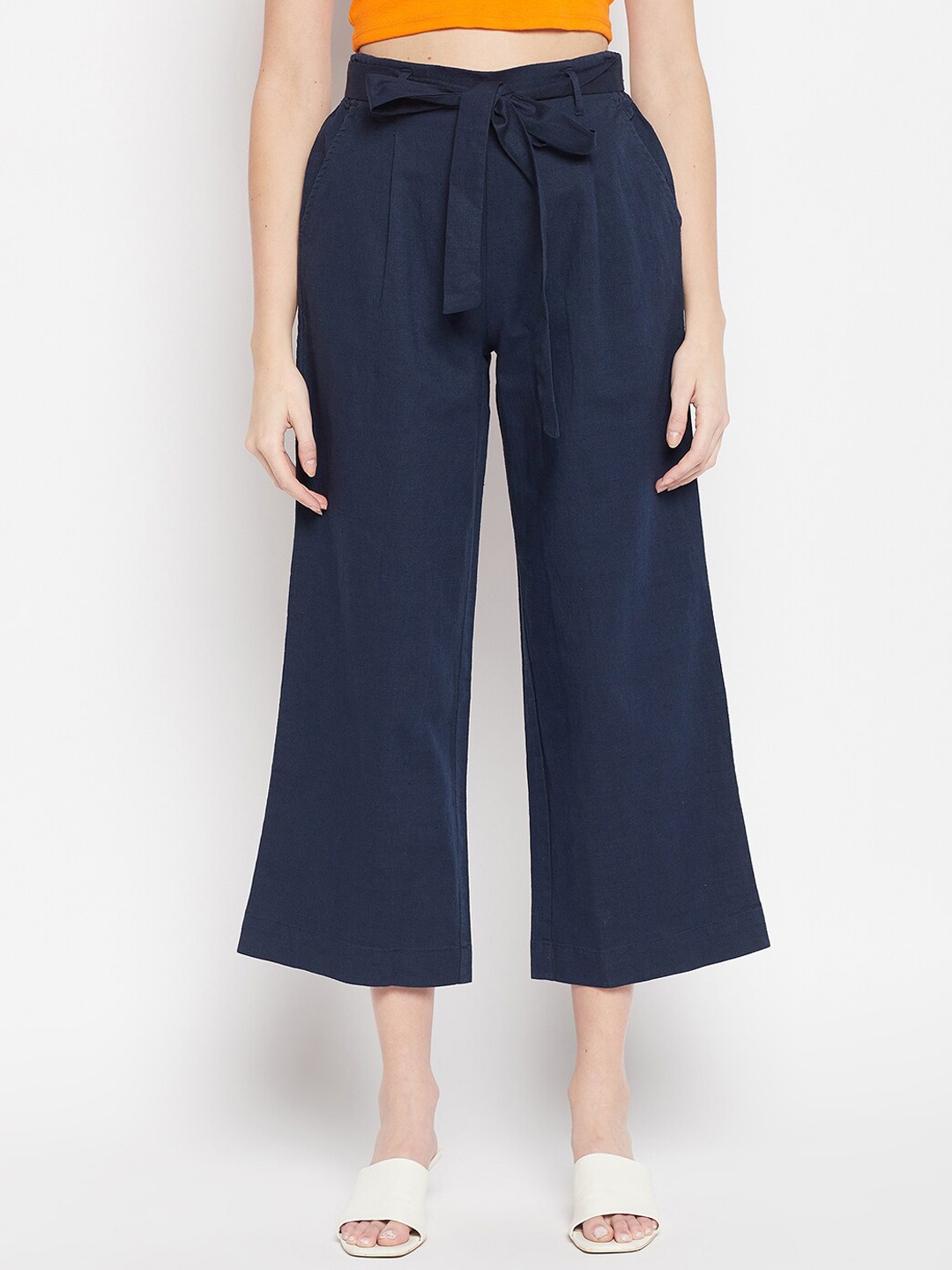 

Crozo By Cantabil Women Navy Blue Loose Fit High-Rise Linen Trousers