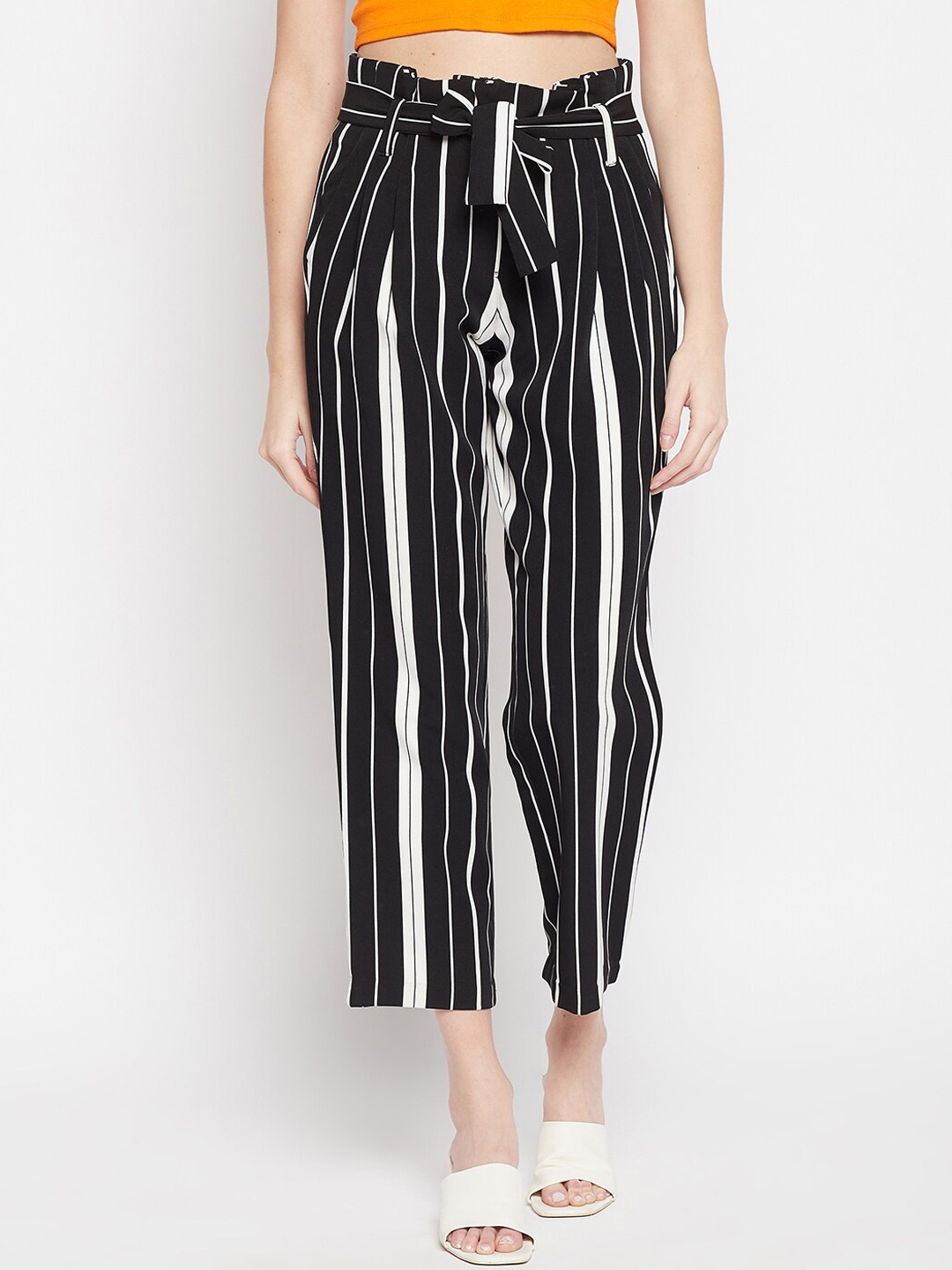 

Cantabil Women Black Striped High-Rise Cotton Trousers