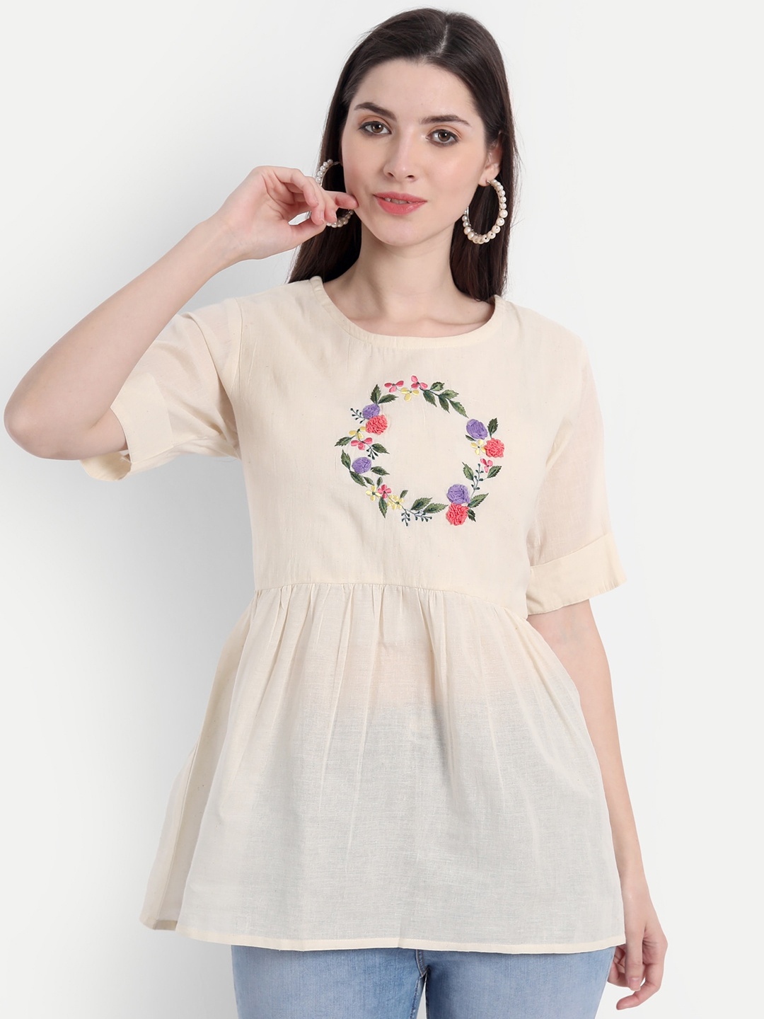 

Spiaty Beige & Pink Embroidered Cotton Tunic