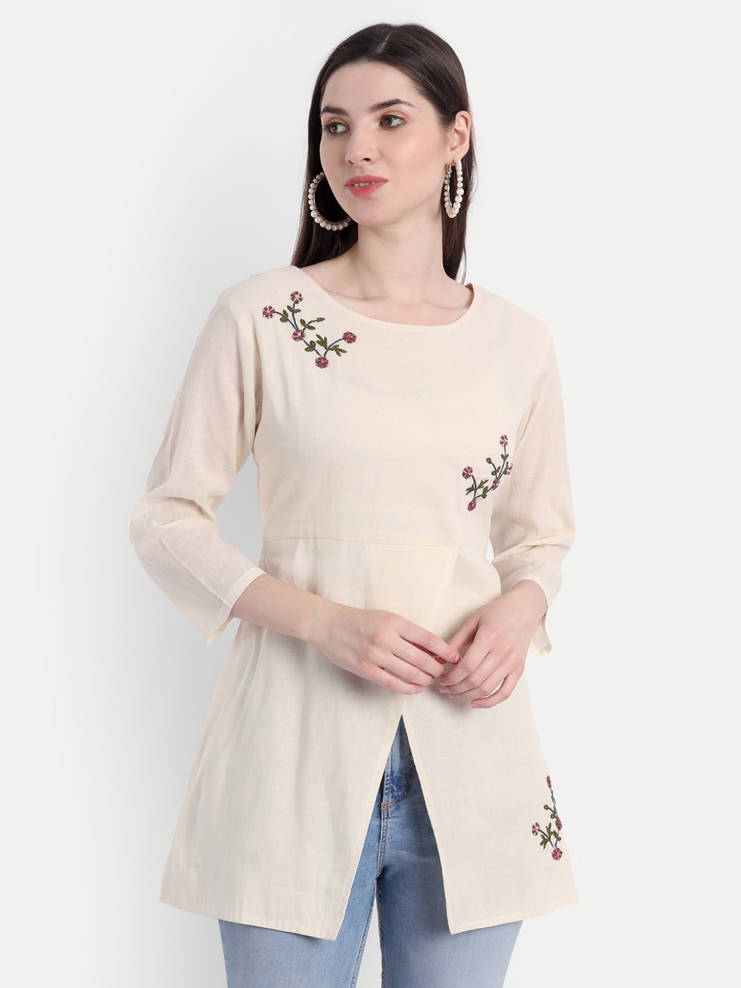 

Spiaty Beige & Green Cotton Embroidered Tunic