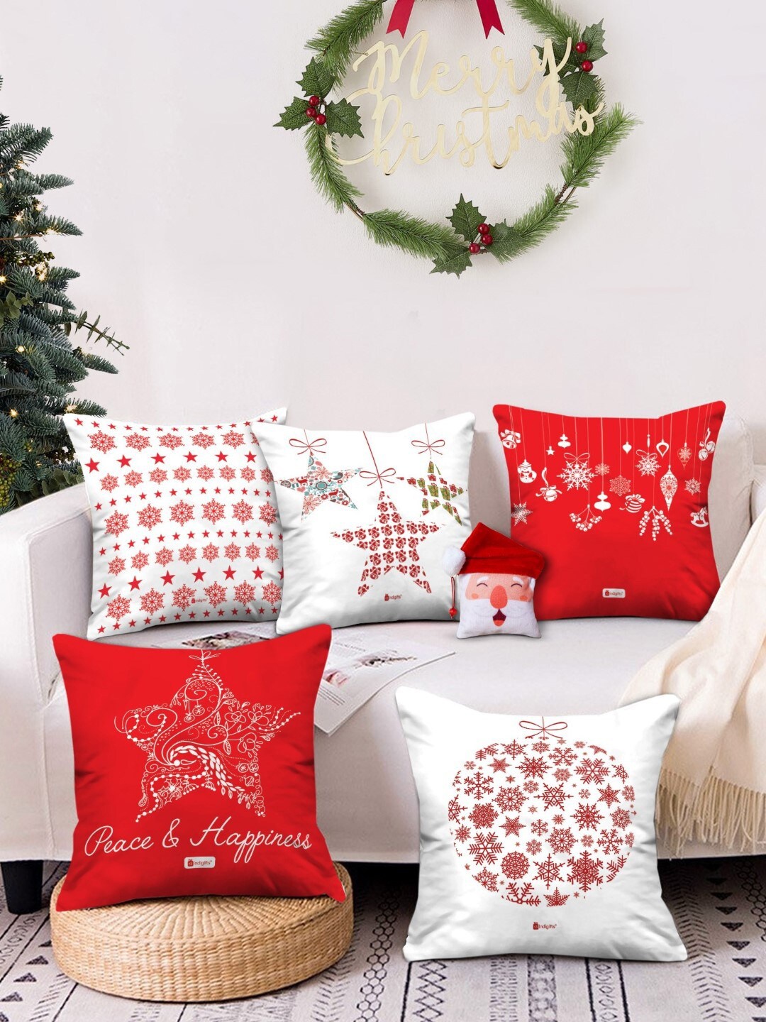 

Indigifts Set Of 5 Red & White Printed Square Cushions