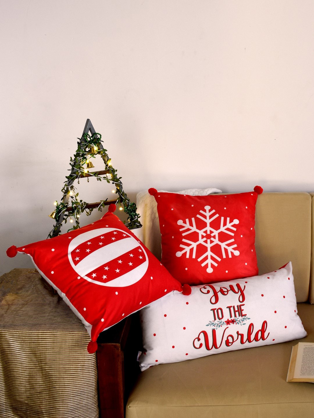 

Indigifts Set Of 3 Printed Velvet Rectangle Reversible Cushion, Red