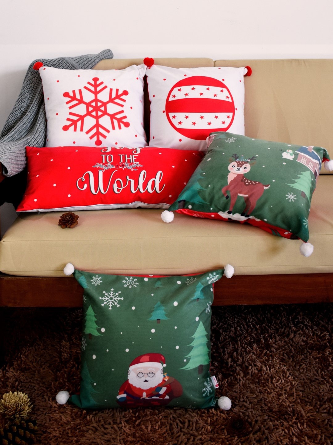 

Indigifts Set Of 5 Red & Green Graphic Printed Cushion Covers