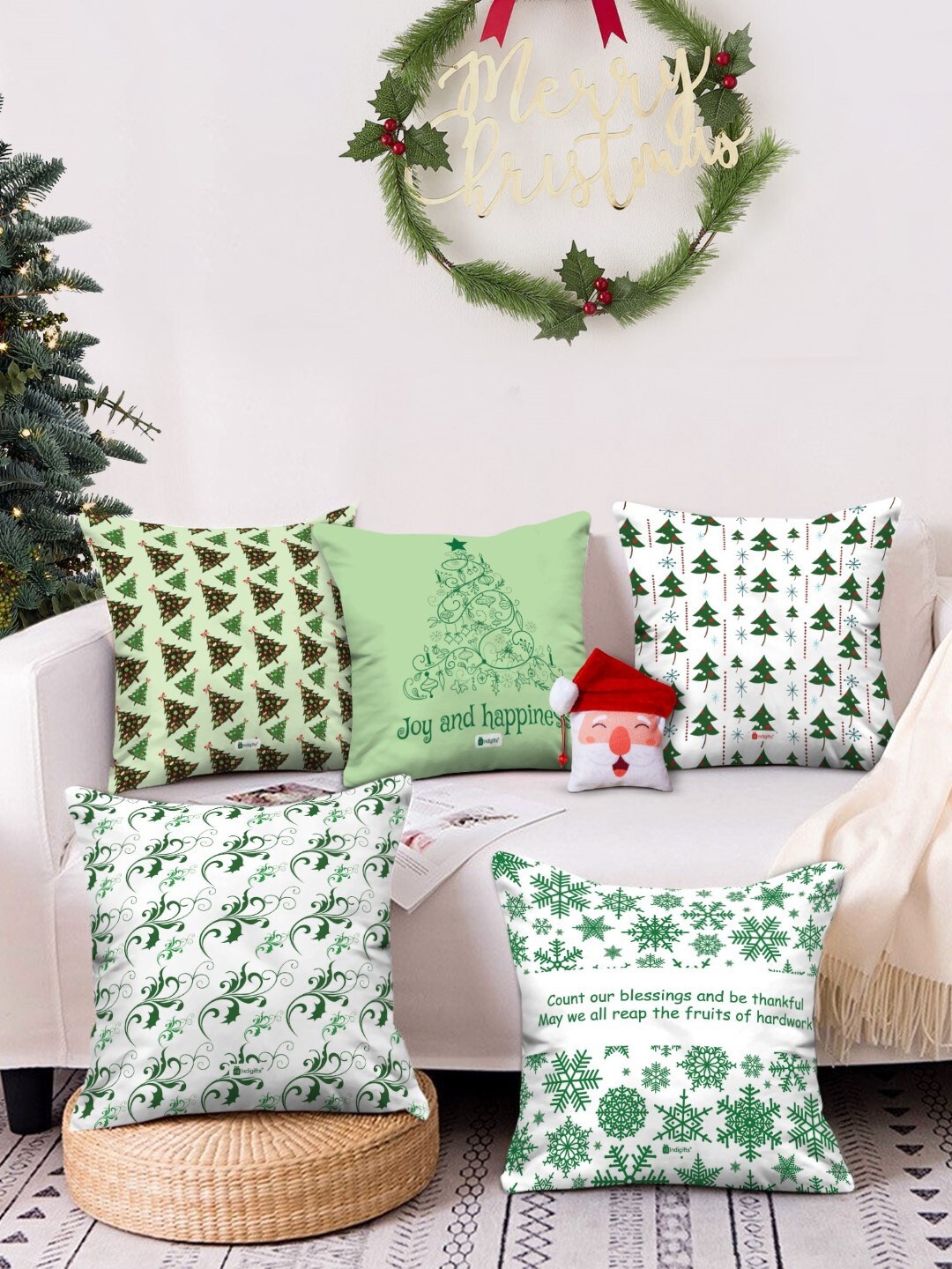 

Indigifts Set Of 6 Green Christmas Characters Printed Cushion & Reversible Santa Soft Toy