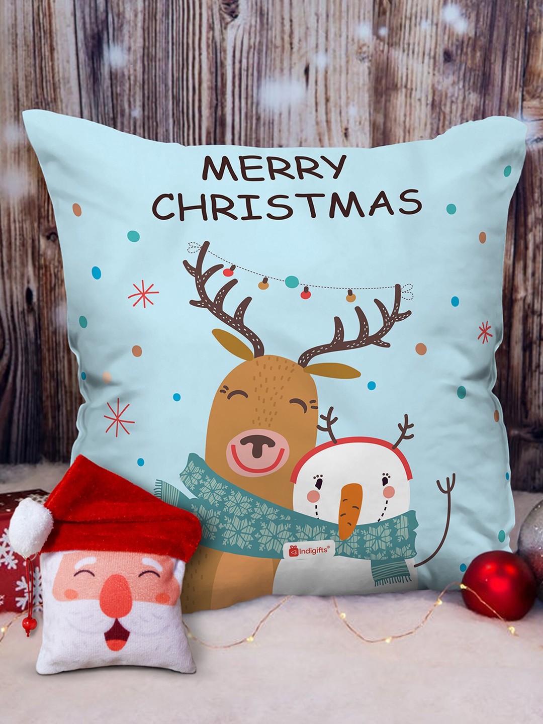 

Indigifts Set of 2 Merry Christmas Patterned Satin Cushions, Blue