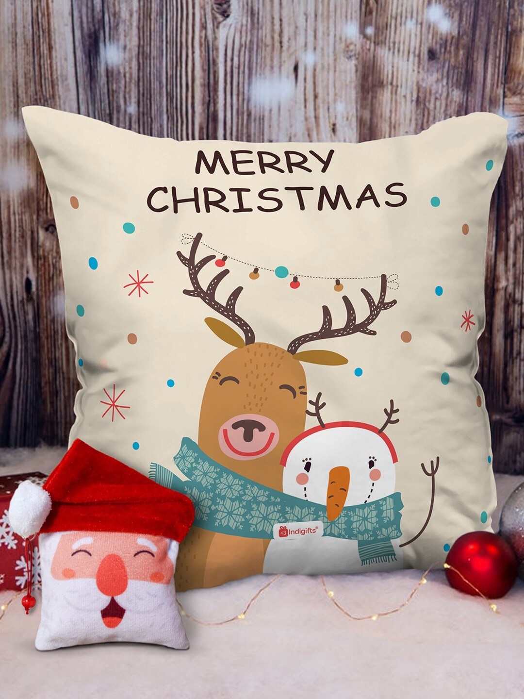 

Indigifts pcs of 2 Grey & Red Christmas Hug Printed Cushion With Reversible Secret Santa Soft Toy