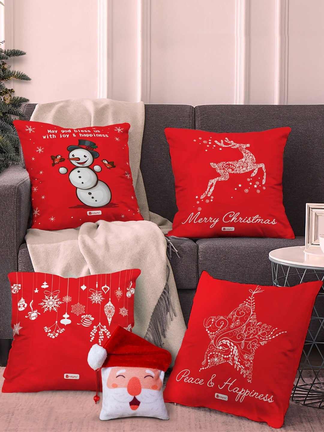 

Indigifts Set Of 5 Red Christmas Printed Cushions Cover & Reversible Santa Soft Toy
