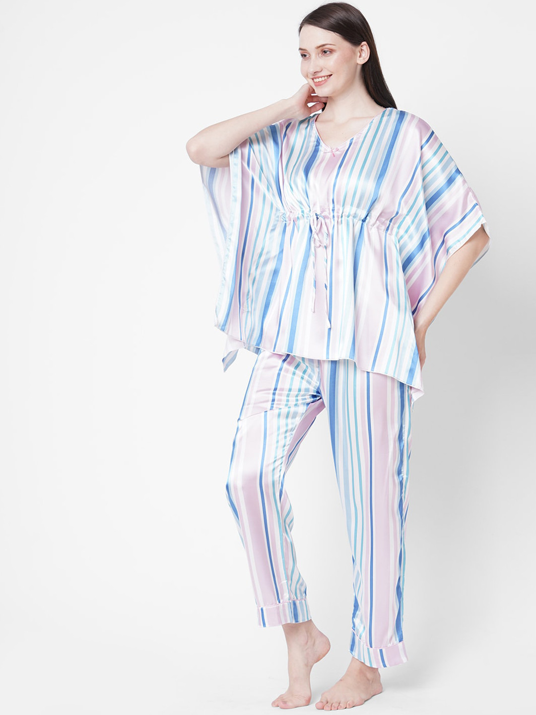 

Sweet Dreams Women White & Blue Striped Night suit