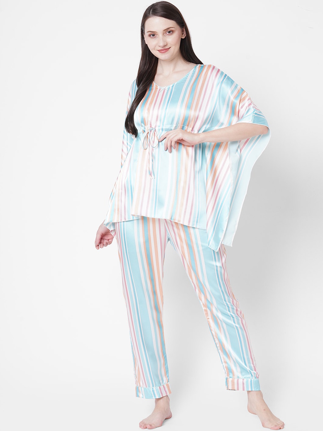 

Sweet Dreams Women Pink & Blue Satin Striped Night suit