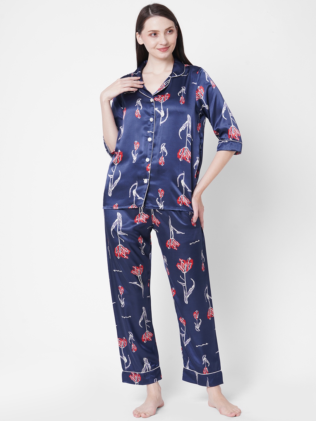 

Sweet Dreams Women Navy Blue & White Printed Night suit