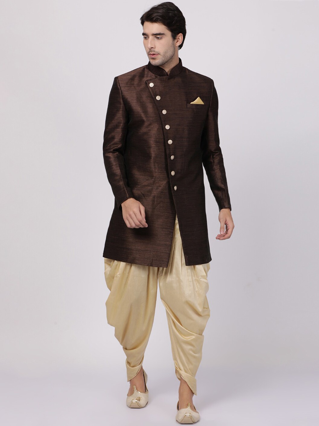

Vastramay Men Brown & Gold-Toned Angrakha Patterned Slim-Fit Sherwani Set, Coffee brown