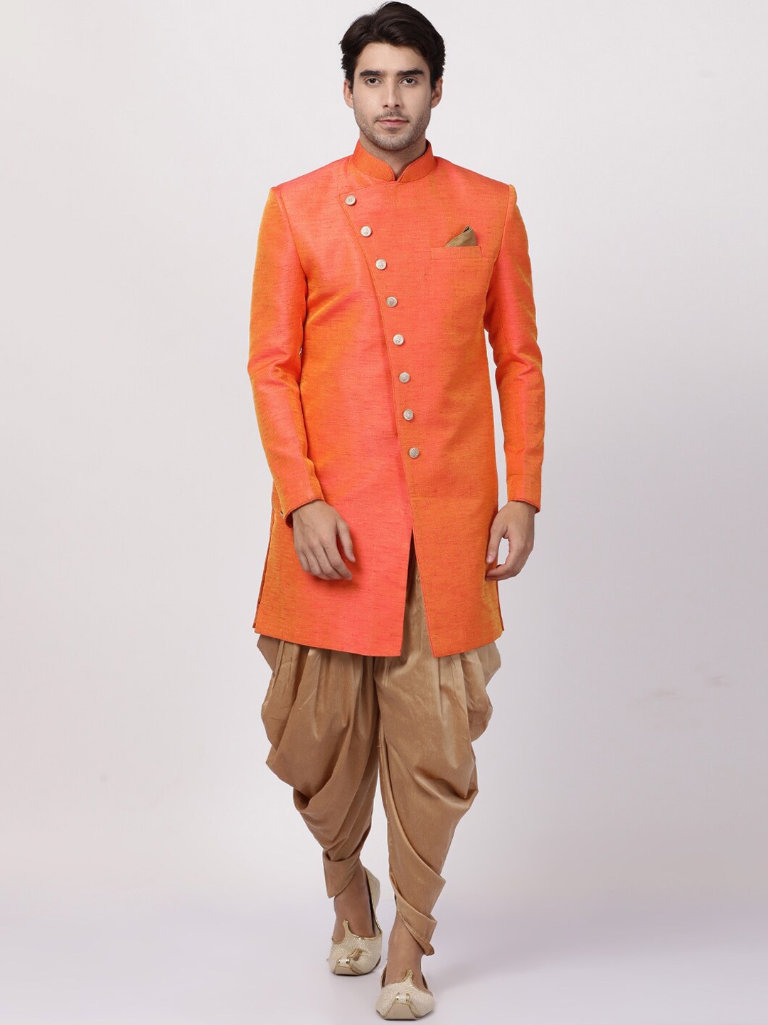 

VASTRAMAY Men Orange Self-Design Sherwani Set