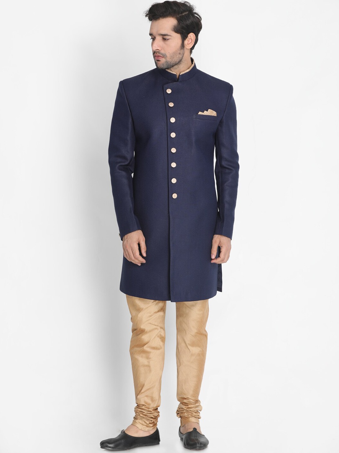 

VASTRAMAY Men Navy Blue Self-Design Sherwani Set