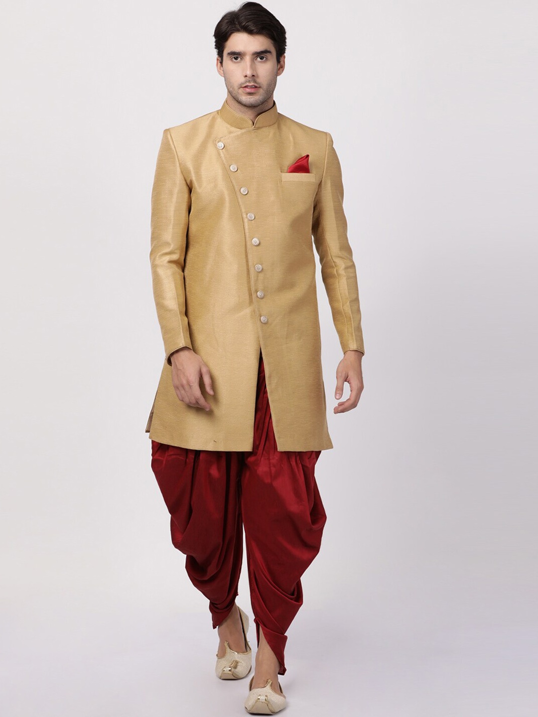 

VASTRAMAY Men Beige & Maroon Angrakha Patterned Silk Blend Sherwani
