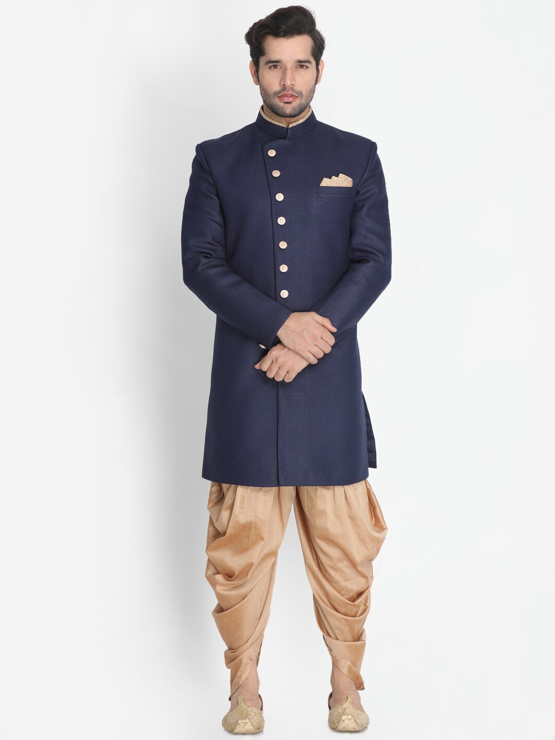 

Vastramay Men Navy Blue & Rose Gold-Toned Angrakha Patterned Slim-Fit Sherwani Set