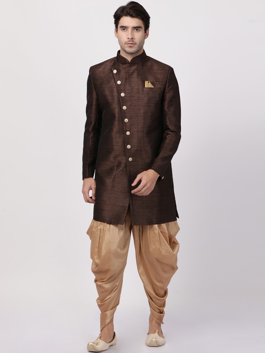 

VASTRAMAY Men Coffee Brown & Gold-Colored Angrakha Style Indo-Western Sherwani Set