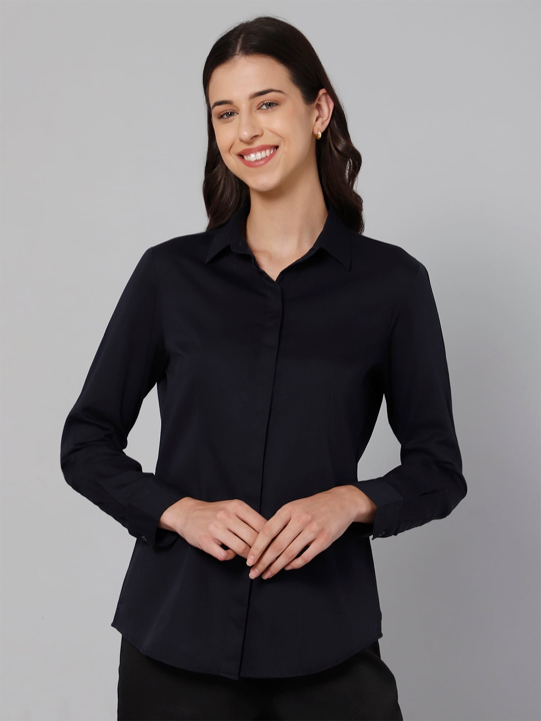 

Cantabil Women Navy Blue Cotton Casual Shirt
