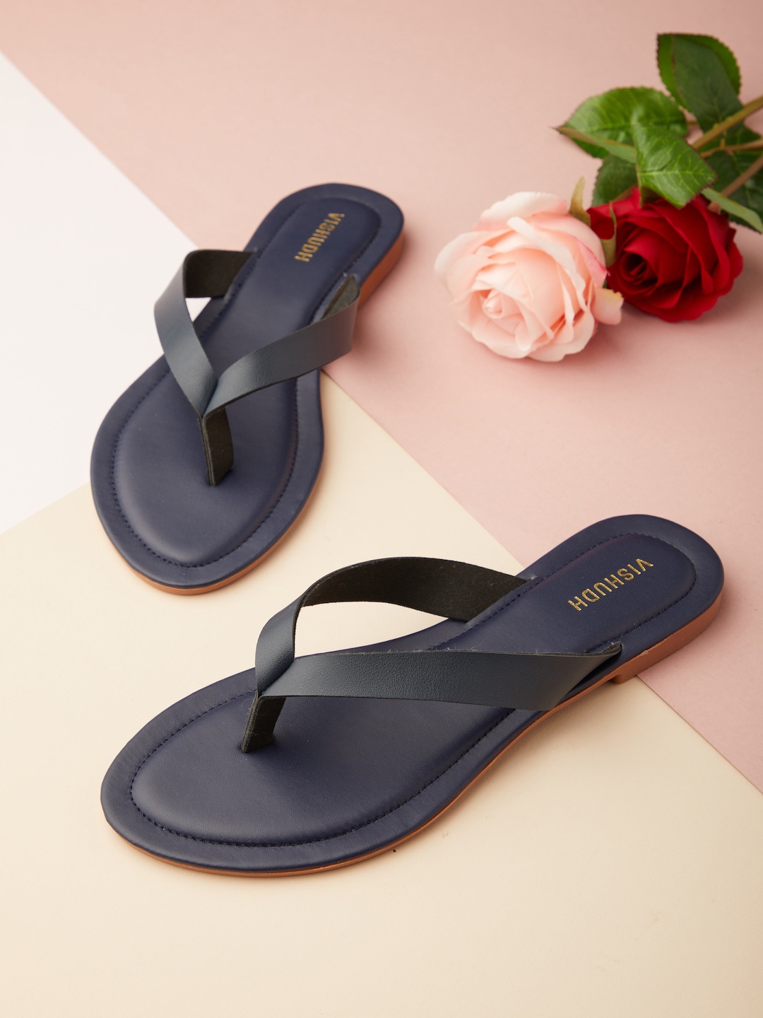 

Vishudh Women Navy Blue T-Strap Flats
